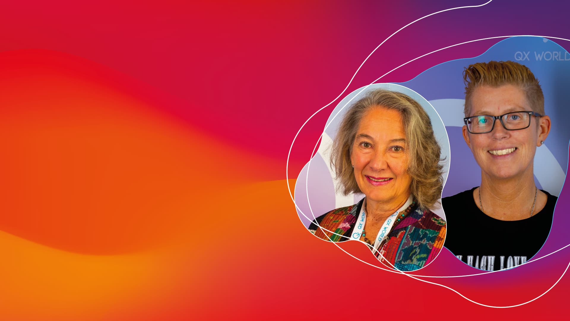 Two women with conference badges on abstract background.