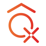 Orange logo resembling a house with an X