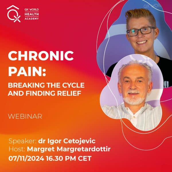 Webinar über chronische Schmerzen mit Referenten, bunte Grafik