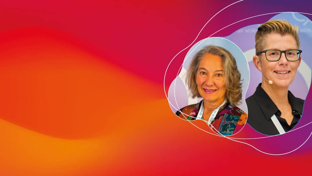 Two professional women featured on abstract colorful background