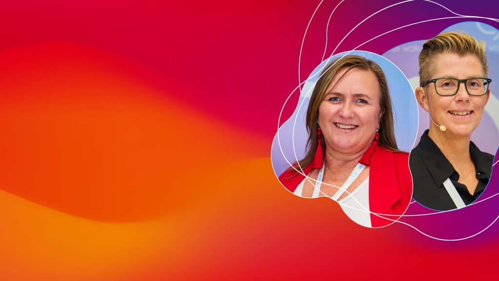 Two professional women featured in creative colored design.