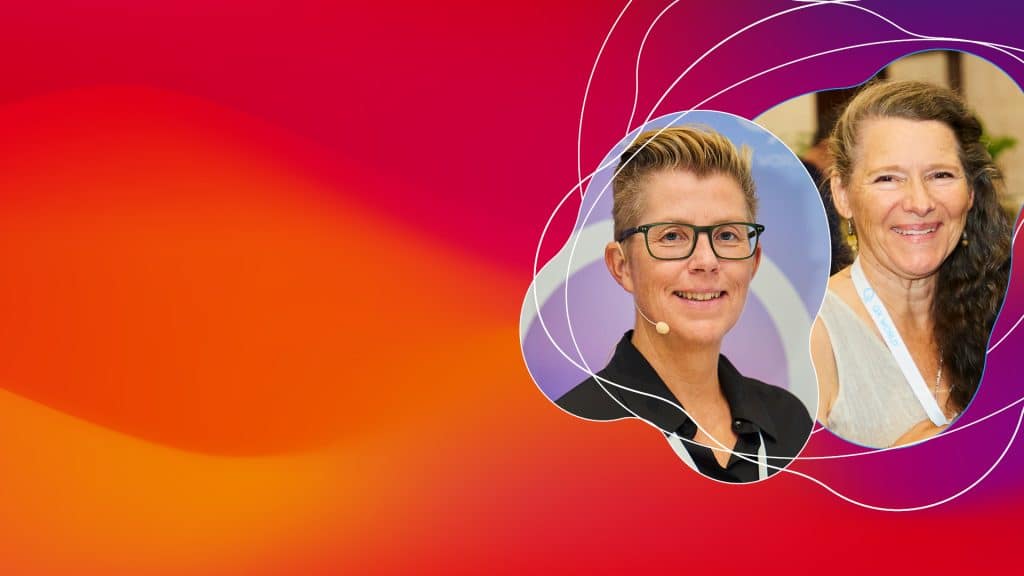 Two people with colorful abstract background