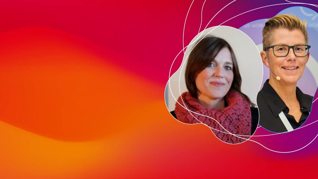 Two women on colorful abstract background