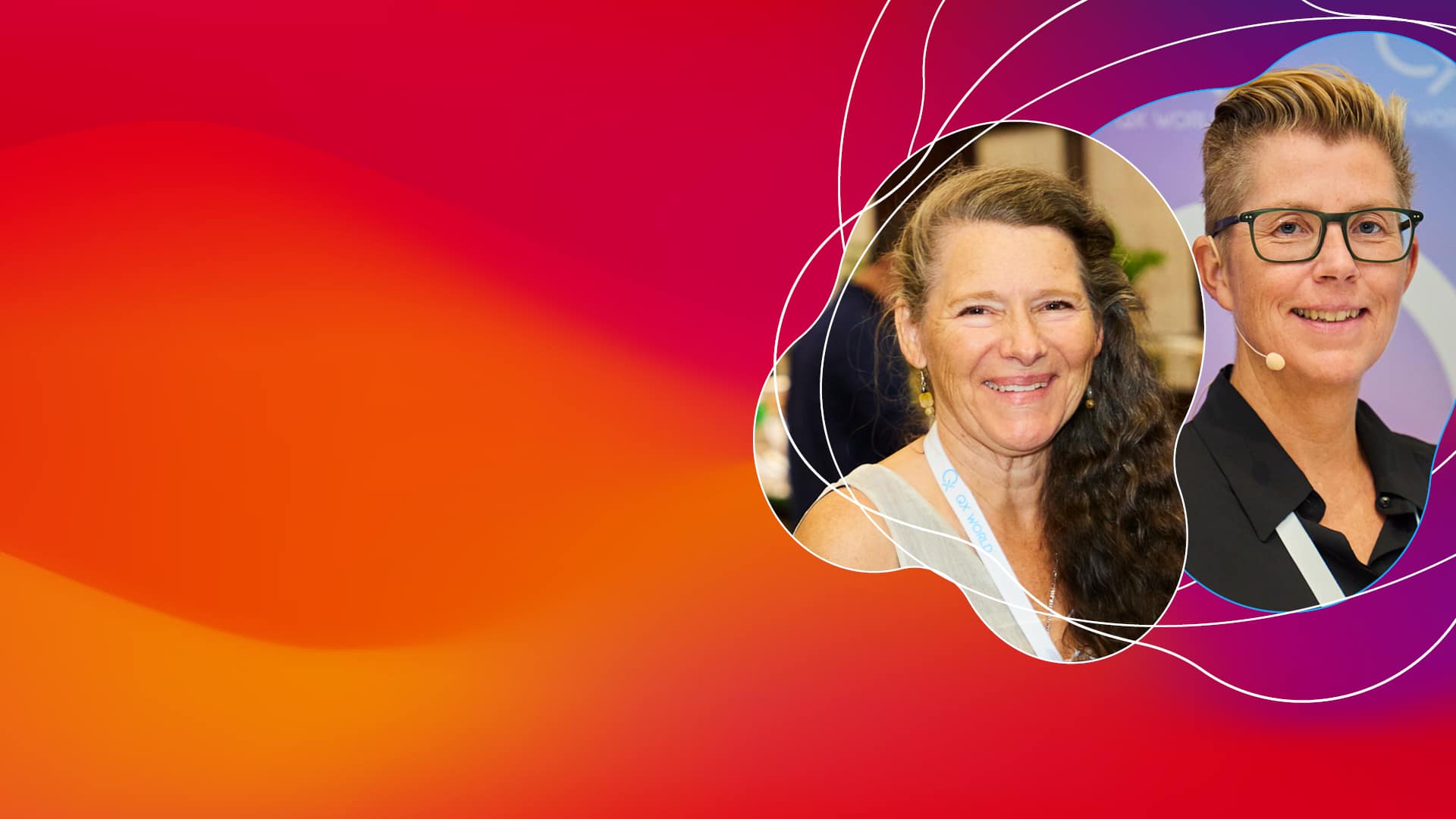 Two women smiling, abstract colorful background