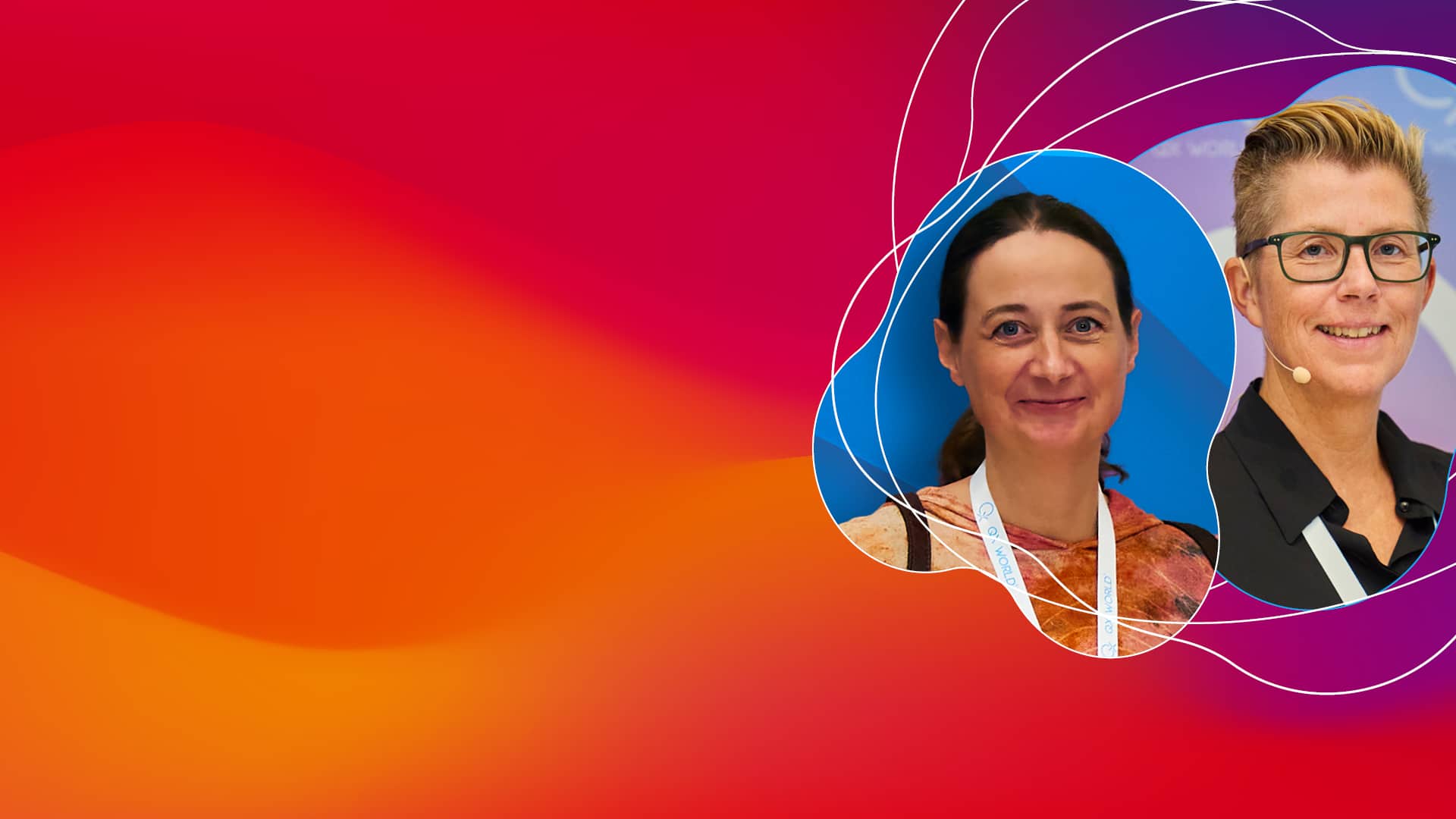 Two professional women at conference with vibrant background