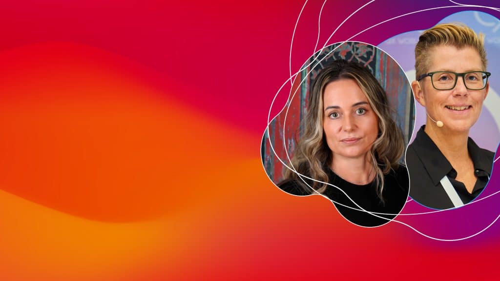 Two women professionals on vibrant abstract background