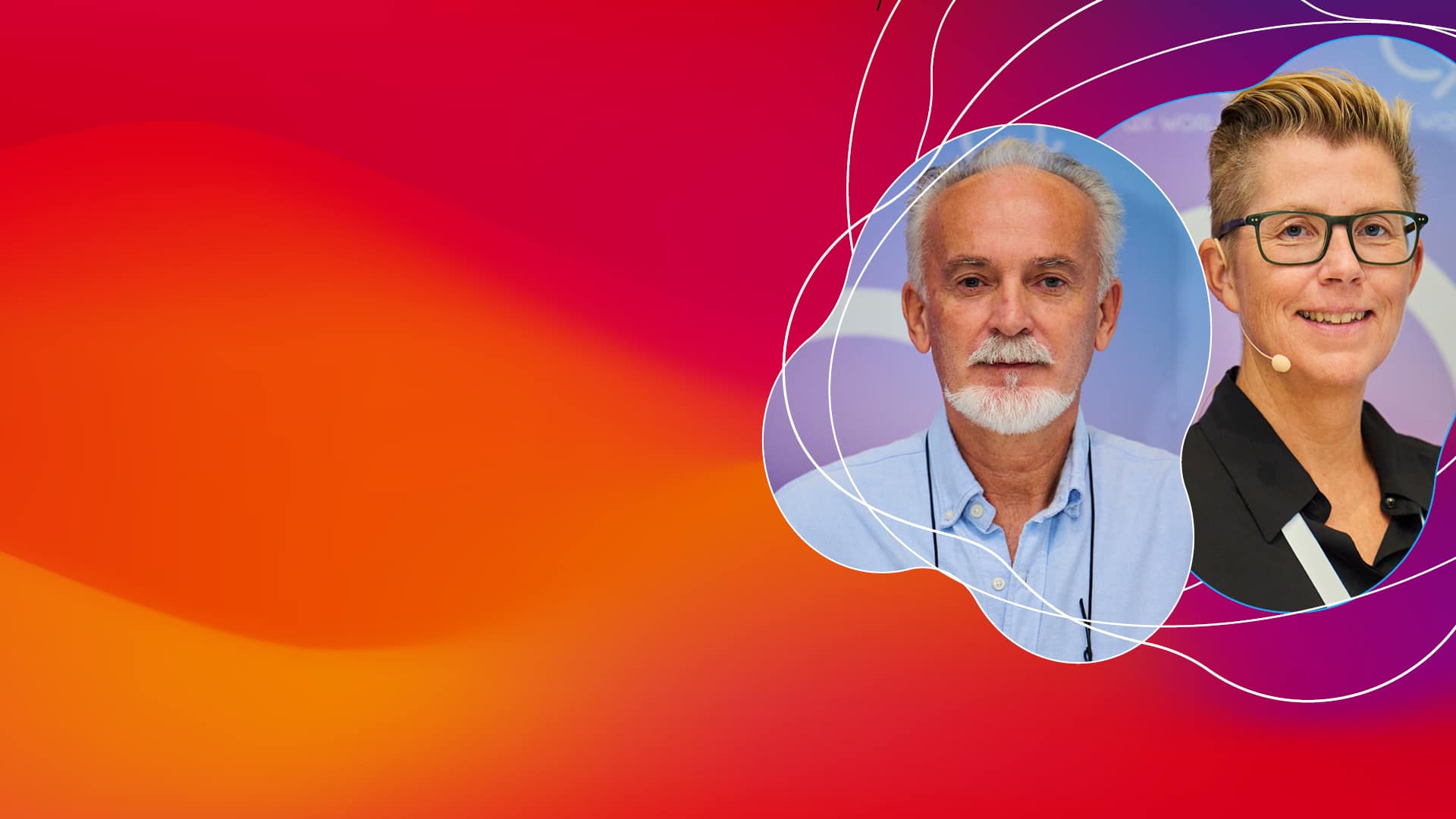 Twee professionele persone wat op 'n lewendige abstrakte agtergrond aanbied